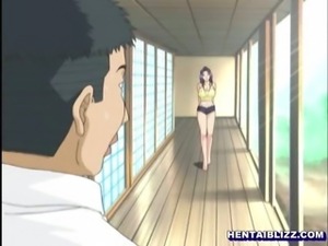 Nasty old pervert fucking a slutty anime babe with massive tits