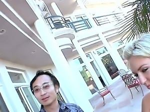 Handsome Asian fellow having fun with three very cool and naughty porn actresses