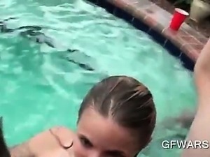 Pool gangbang with wet tramps sharing hard starved cock