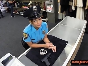 Busty lady police officer pawn her weapon and pussy for cash