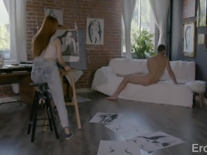 horny brunette artist seduces her male nude model