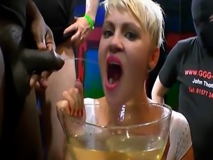 Kinky blonde girl drinking piss