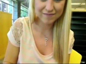 Busty blonde flashes, toys and squirts in a public library