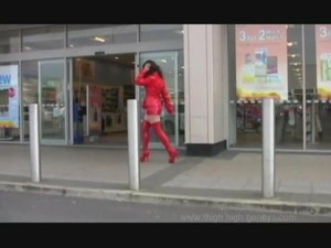 Charlotte walk in public vinyl micro skirt and overknee boot