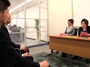 Pantyhosed Japanese secretary getting fucked by three guys