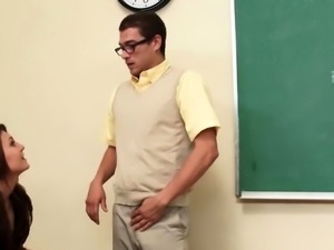 Schoolgirl gets her hairy pussy hammered by a nerd