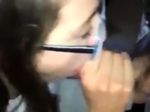 Girl with glasses gives blowjob but wasn't ready for cim