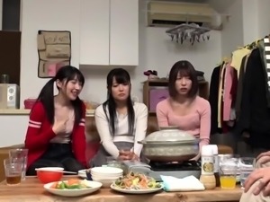 Three adorable Asian babes take turns enjoying a meat pole