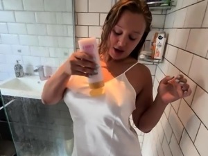 Big breasted amateur milf getting facialized in the shower