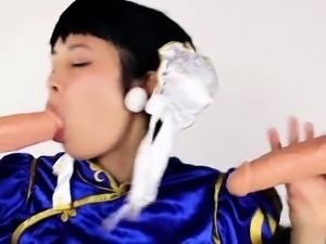 Cosplay Japanese teen with big boobs has fun with sex toys