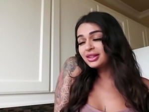 Hot brunette with big boobs gives hot blowjob