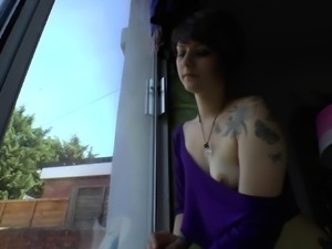 Lewd brunette ashley storm jerks big cock outdoor