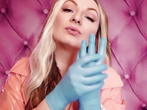 ASMR: blue nitrile gloves fetish - hot sounding - MILF in pink PVC coat (Arya...