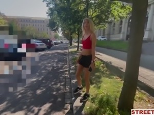 Skinny blondie  gives a blowjob in a car and enjoys risky sex in public