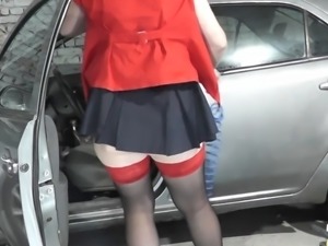 Sexy blonde MILF cleans the interior of the clients car and washes the...