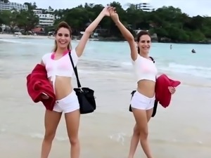 Slim girls provide double blowjob service in POV threesome