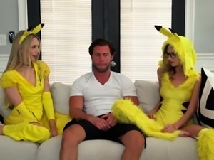 Playful teens in costume share cock in kinky threesome